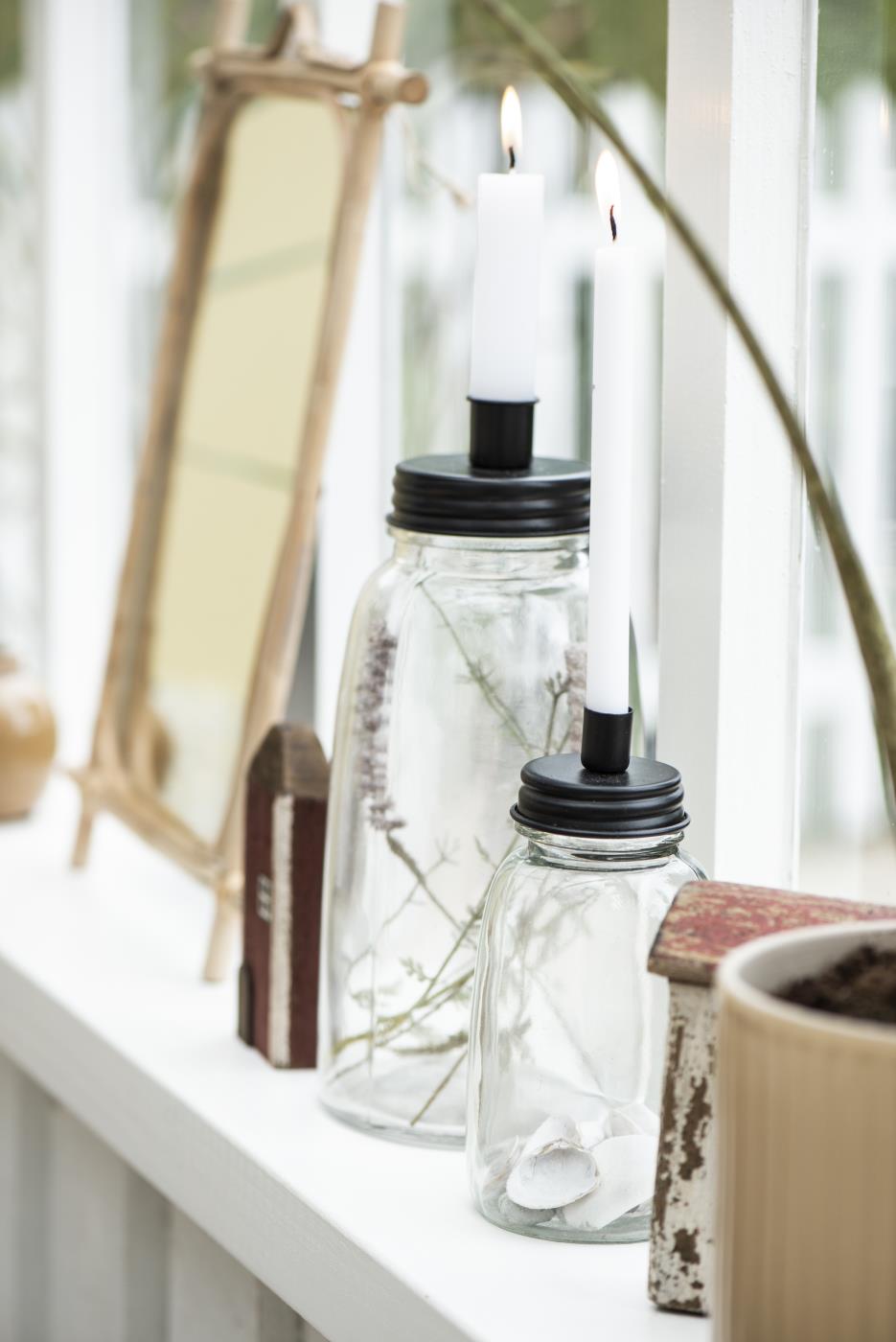 Portavela de Vidrio Alto Tapa Metálica Negra