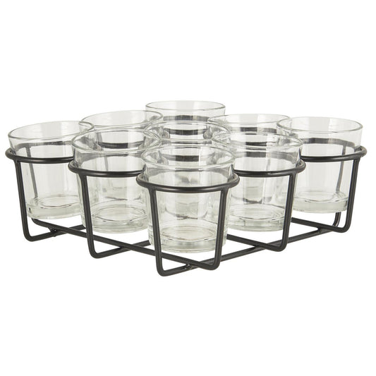 Soporte de acero para velas con 9 vasos de vidrio portavelas